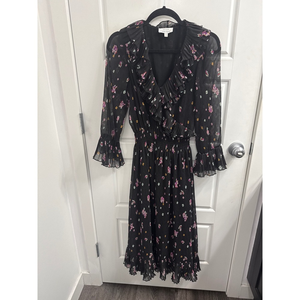 & Other Stories Paris Atelier Black Floral Ruffle V-Neck Midi Dress Size 4